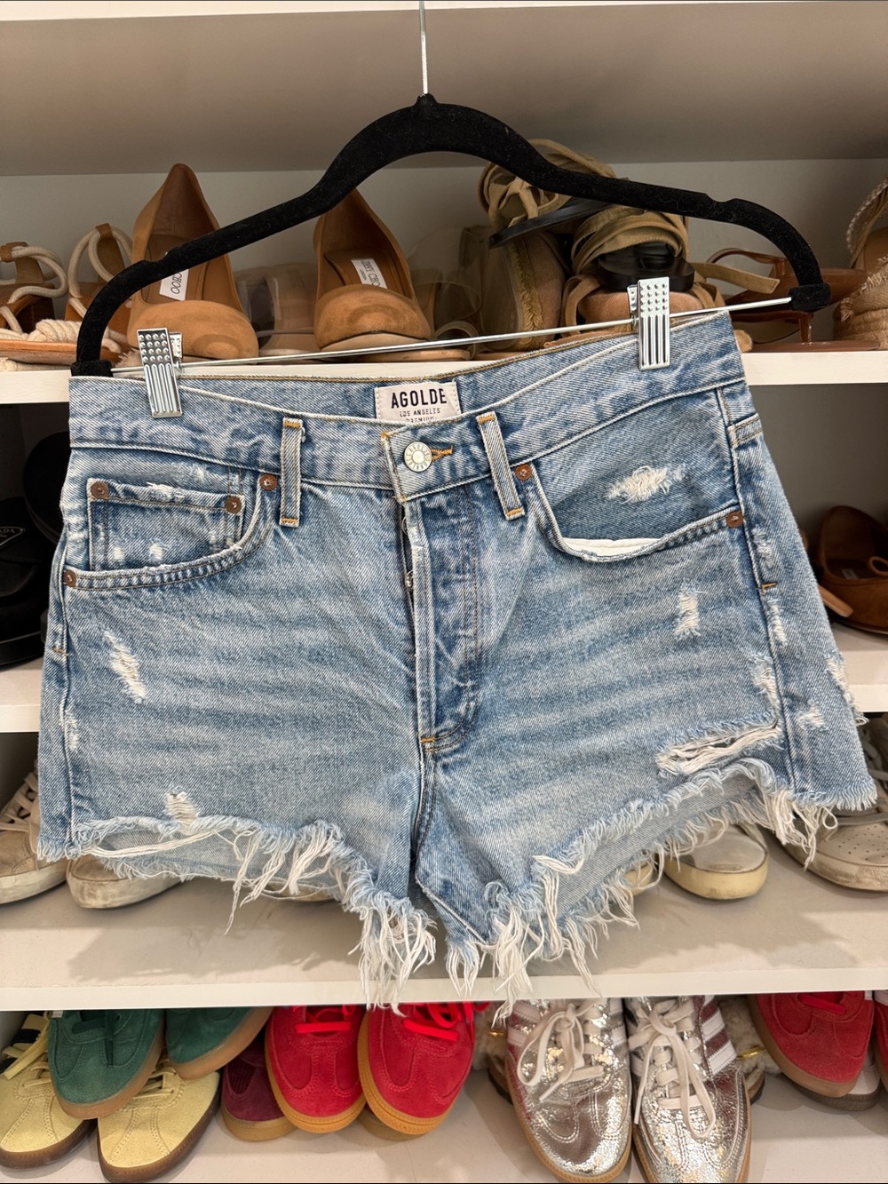 Agolde Light Wash Frayed Denim Cutoff Shorts